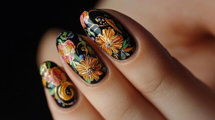 Close-up of Three Fingernails with Intricate Floral Nail Art