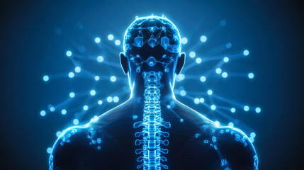Digital visualization of a human spine showing nerve activity and pain areas in a dark background