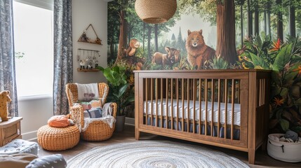 A cozy nursery featuring a bear-themed mural, wooden crib, and natural decor that creates a calming atmosphere for infants.