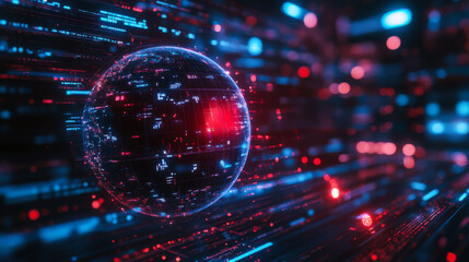 A digital globe surrounded by vibrant binary streams illuminating a futuristic cyberspace environment at night