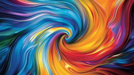 Bright abstract painting with red, blue, and yellow swirls