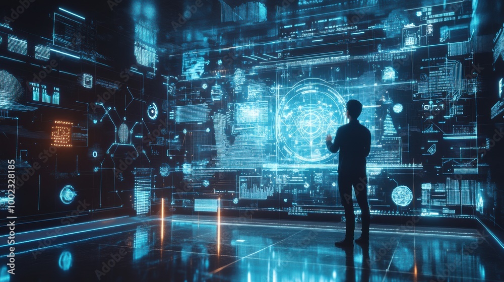 Fototapete a professional engages with floating holographic data and neural networks in a high-tech workspace d