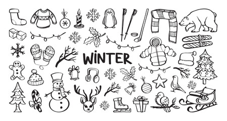 Winter themed doodles with snowman, mittens, and holiday decorations. Vector cartoon illustration