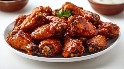 Savory Chicken Wings Coated in a Rich Glaze Served on a White Plate With Garnishes