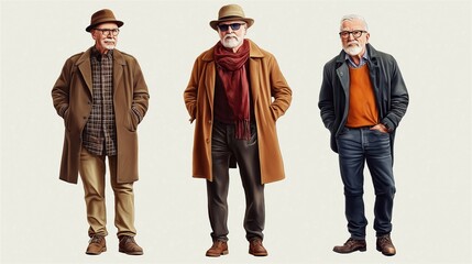 Obraz premium Three stylish 65 year old men in glasses and hats, set against a white background