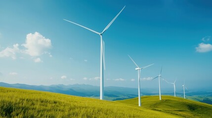 Wind Turbines on Green Hills Under Clear Sky