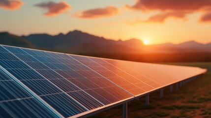 Solar Panels at Sunset Over Mountain Landscape