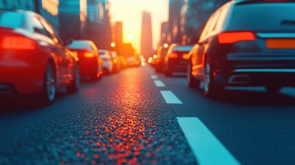 Obraz premium Urban Traffic at Sunset with Glowing Street Reflection