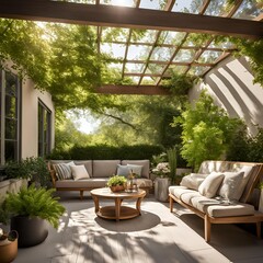 Fototapeta premium Relaxing on a spring patio with fresh plants and natural light in a serene environment 