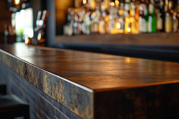 Close-up of a modern wooden bar counter with bottles of alcohol blurred in the background
