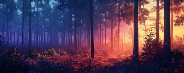 Obraz premium A vibrant forest scene at dusk, featuring colorful mist, towering trees, and a magical atmosphere of tranquility and peace.