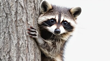 A Curious Raccoon Peering From Behind a Tree in a Natural Setting During Daylight