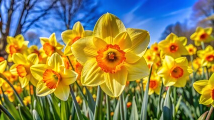 Obraz premium Daffodils dance in spring's embrace, their bright yellow petals radiating joy and warmth. Nature's vibrant blooms