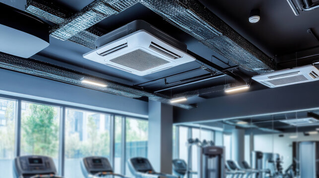 Modern air conditioning unit in gym with sleek design and efficient cooling. spacious interior features large windows and fitness equipment, creating comfortable workout environment