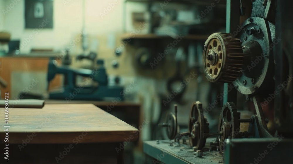 Poster closeup of an industrial machine with gears and a wooden table in the foreground