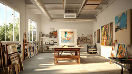 bright and spacious art studio filled with various artworks and materials, showcasing creativity and inspiration. large windows allow natural light to illuminate space, enhancing artistic atmosphere
