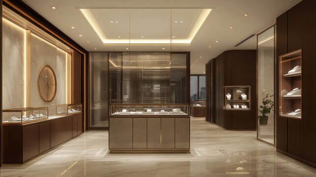 Luxurious jewelry store interior featuring elegant display cases, polished marble floors, and warm lighting. sophisticated design creates inviting atmosphere for customers