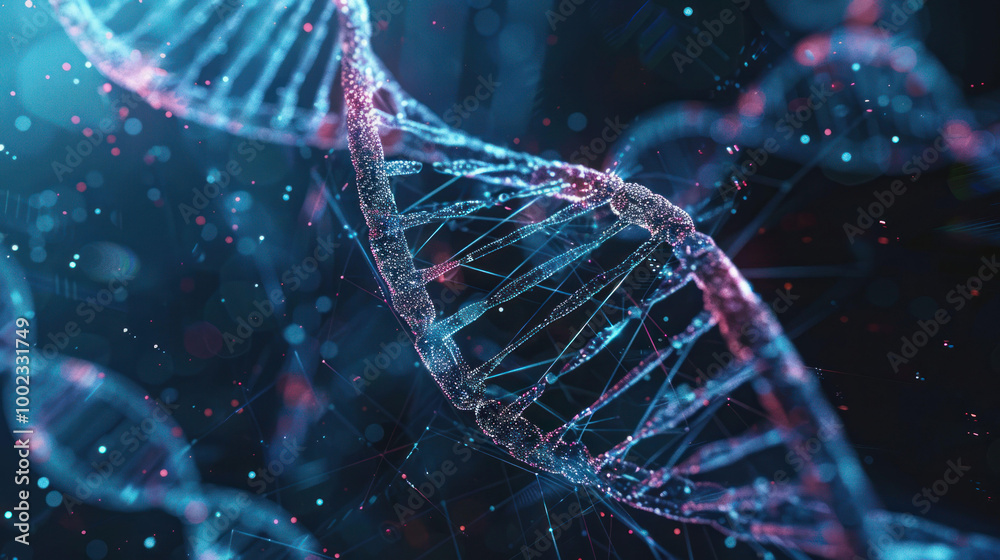 Poster vibrant representation of dna strands, showcasing intricate details and glowing elements. image capt