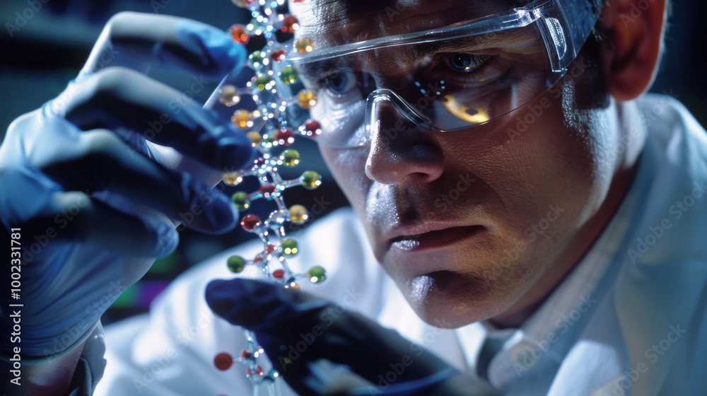 Poster scientist examines colorful dna strand with intense focus, showcasing intricate details of genetic r