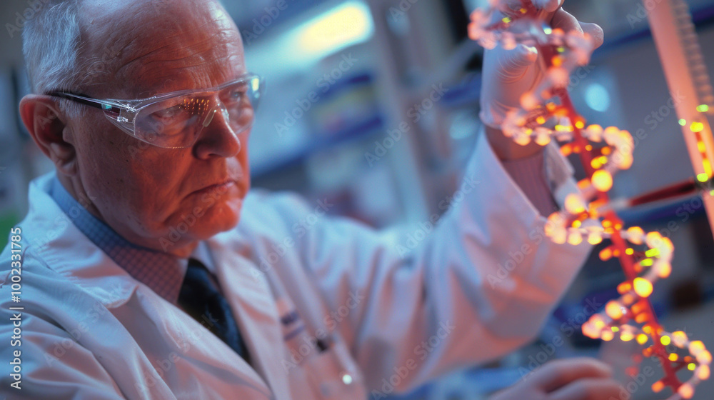Poster scientist in lab coat examines glowing dna strand with focus and precision, showcasing intricate det