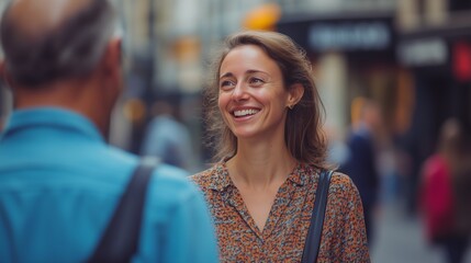 A cheerful young woman chatting with an older man in a busy urban street during a sunny day