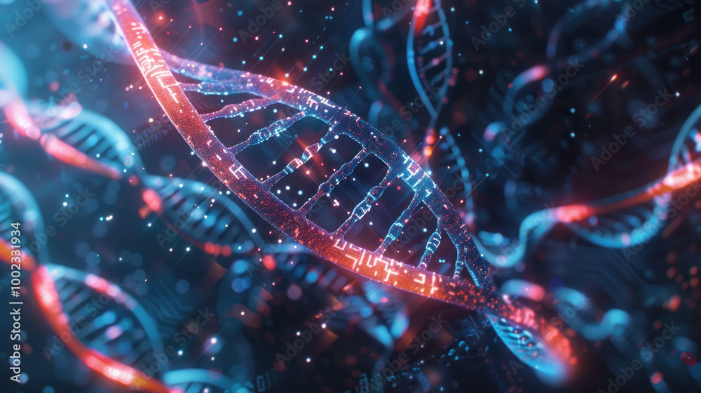 Poster vibrant and intricate representation of DNA strands, showcasing double helix structure with glowing elements in blue and red hues. This image captures essence of genetic science and molecular