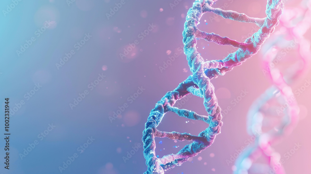 Poster vibrant and colorful representation of DNA double helix, showcasing intricate details and dynamic background. This image captures essence of genetic science and molecular biology