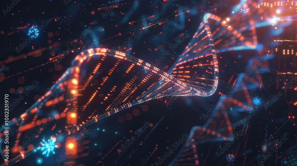 Poster vibrant digital representation of DNA strand, showcasing intricate patterns of light and color. image conveys sense of scientific exploration and innovation, with glowing elements suggesting data