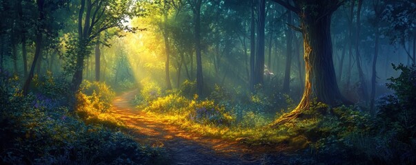Serene forest path illuminated by sunlight filtering through trees, creating a magical atmosphere perfect for nature lovers and explorers.