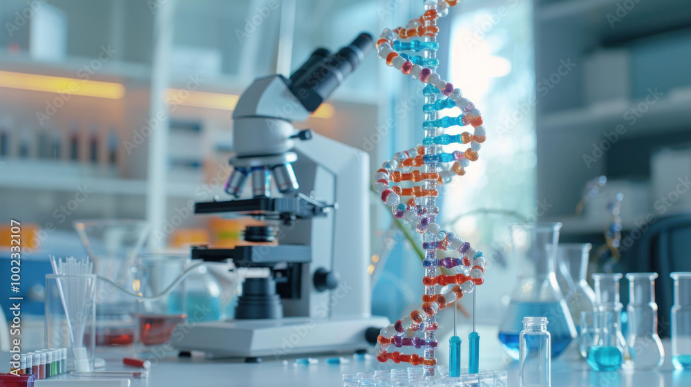 Poster vibrant laboratory scene featuring dna double helix model, microscope, and various glassware filled 