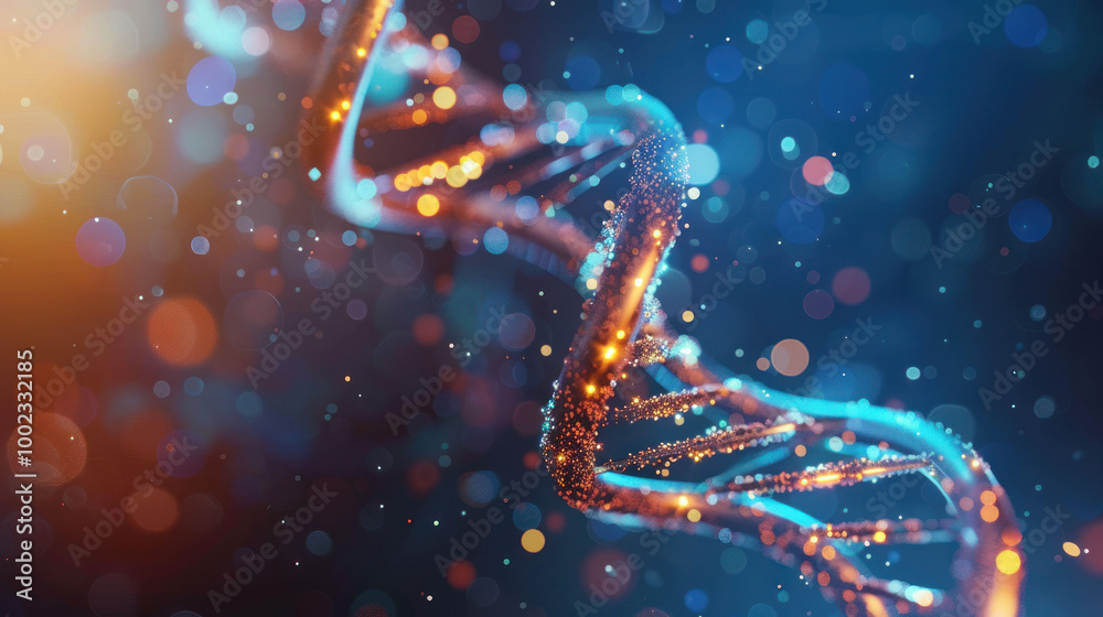 Poster vibrant representation of dna strands illuminated by colorful lights, showcasing beauty of genetic s