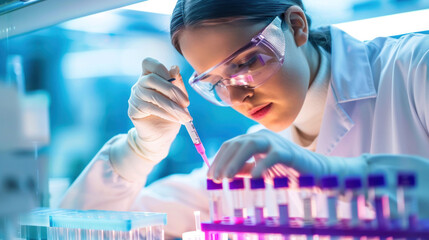 focused female scientist in laboratory carefully pipetting pink liquid into test tubes, showcasing precision and dedication in her research