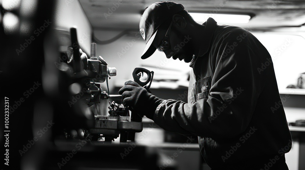 Poster A Man in a Cap and Gloves Working on a Machine in a Workshop