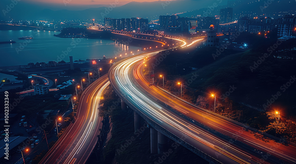 Aufkleber aerial view of a busy highway at night, headlights and taillights of cars create a flowing stream of