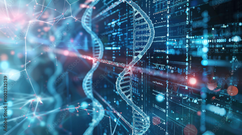 Poster Digital representation of DNA strands intertwined with data streams, symbolizing fusion of biology and technology. This image evokes sense of innovation and scientific advancement