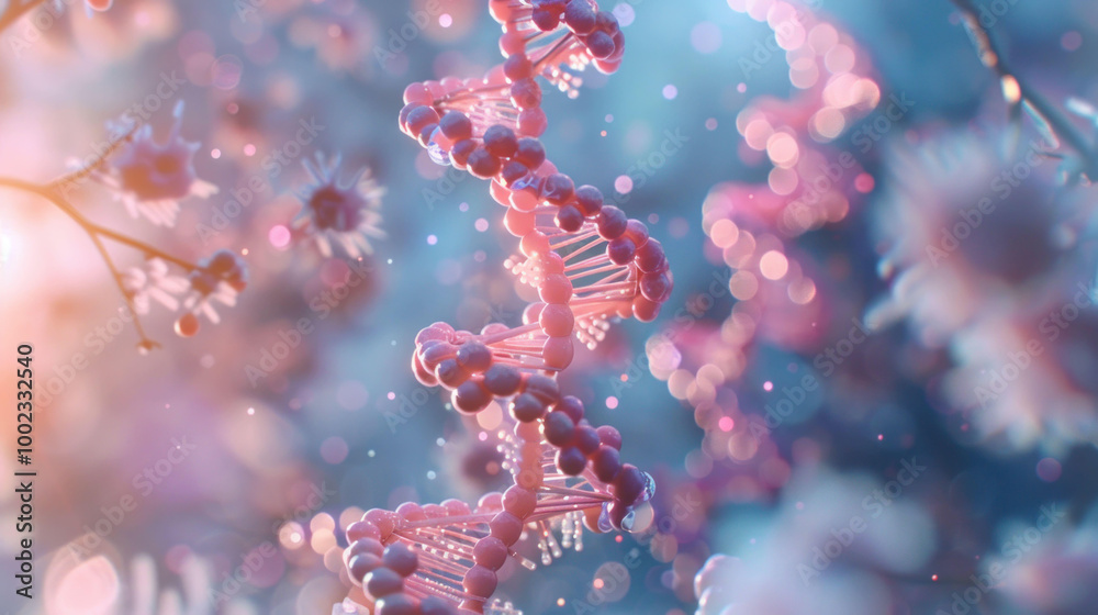 Poster vibrant representation of dna double helix surrounded by dreamy, colorful background, evoking sense 