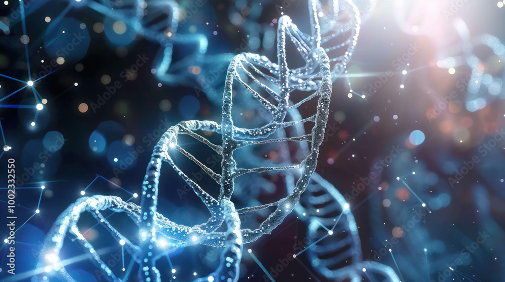 Poster close up view of dna double helix structure, showcasing intricate details and glowing elements, symb