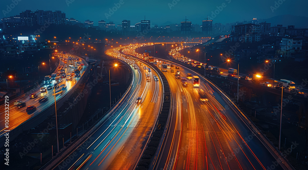 Poster aerial view of a busy highway at night, headlights and taillights of cars create a flowing stream of