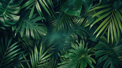 Lush green foliage creates vibrant and serene atmosphere, showcasing variety of tropical leaves that evoke sense of tranquility and natural beauty
