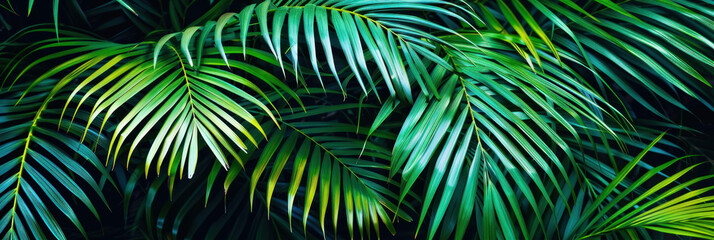Lush green palm leaves create vibrant and tropical atmosphere, perfect for evoking feelings of relaxation and natures beauty