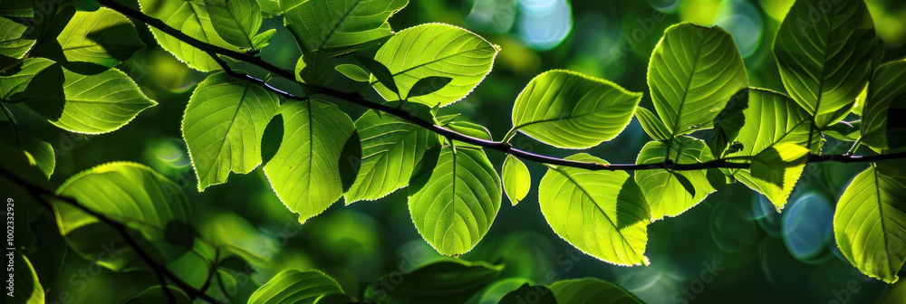 Poster lush green leaves create vibrant canopy, filtering sunlight and casting beautiful shadows. interplay