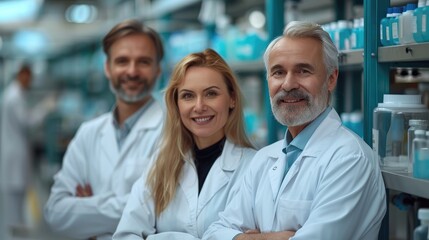 Obraz premium Three happy middle-aged male and female scientists in white lab coats standing next to each other, inside an advanced laboratory.