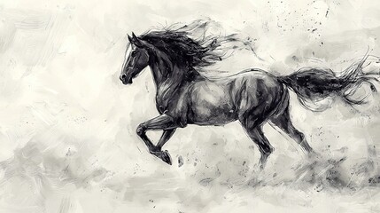   Black & white horse drawing on white-grey backdrop with splash of paint on left side