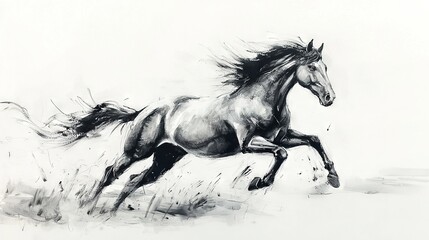   Black and white image of a galloping horse amidst a field of swaying green blades Hair billows gracefully behind the creature's dynamic form