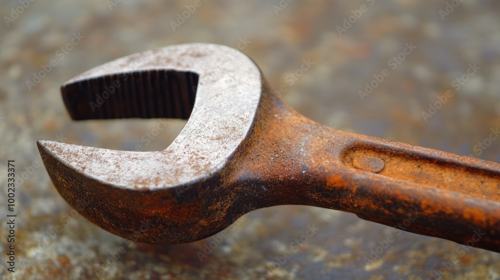 Aufkleber close-up of a rusty wrench with blurred background