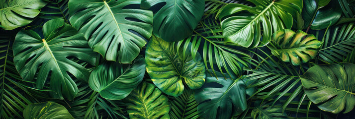 Lush green leaves create vibrant and tropical atmosphere, showcasing variety of textures and shapes that evoke sense of tranquility and natural beauty