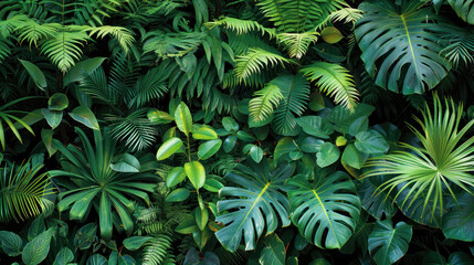 Lush green foliage creates vibrant and serene atmosphere, showcasing variety of tropical plants and leaves. This image captures beauty of natures diversity and tranquility