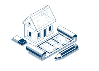 Cottage house for rest project concept, 3D isometric vector illustration of a small house building project, countryside small house cabin in village or nature.