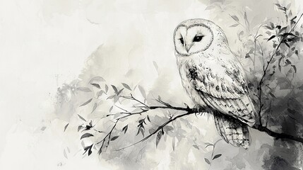 Fototapeta premium A grayscale image of an owl perched atop a leaf-laden branch against a monochrome backdrop