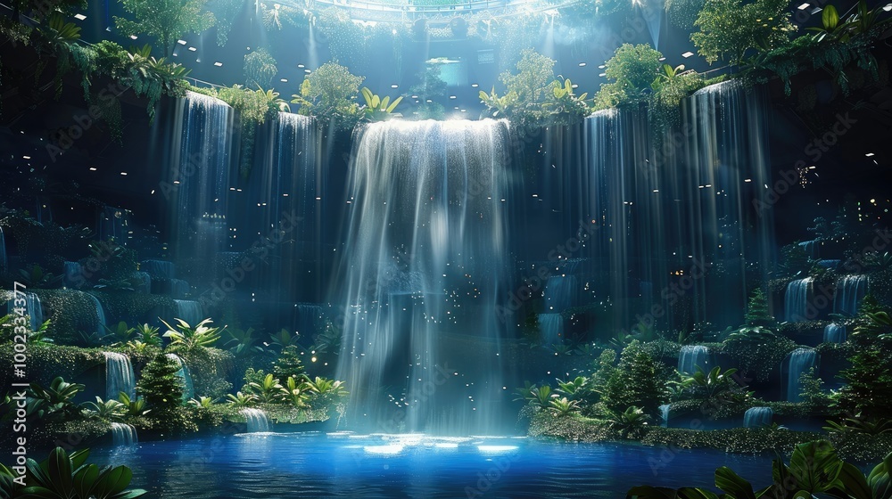 Poster The waterfall stage design has floating islands in the center of the Stadium with waterfalls flowing down from them. The top of each waterfall is surrounded by jungle plants and trees.